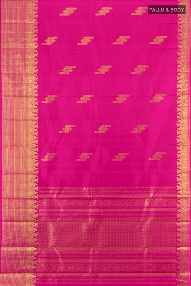 Flat view of Magenta Kanchipuram Silk Saree with Zari Butta on the body and Silk Border. 