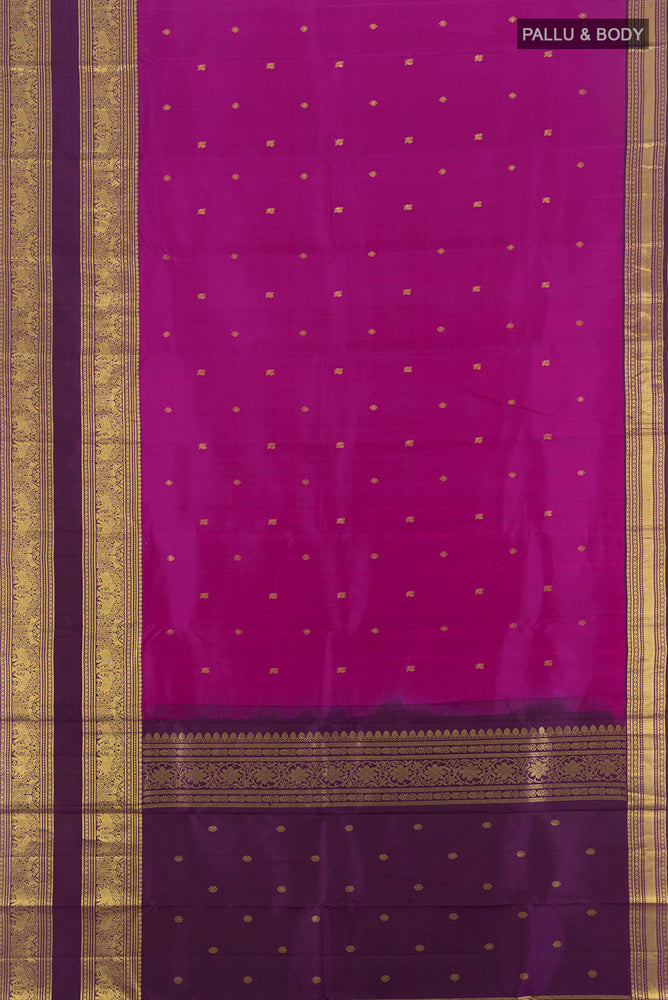 Flat view of Pure Silk Pure Zari Purple Kanchipuram Saree with Zari Butta on the body and Silk Border. 