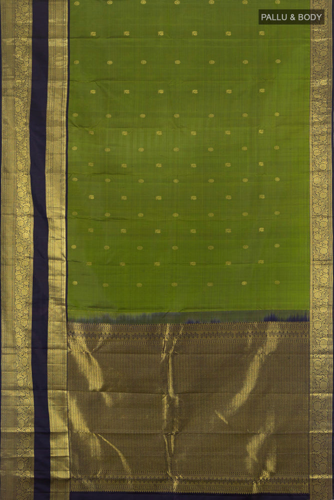 Flat view of Light Green Kanchipuram Silk Saree with Zari Butta on the body and Silk Border. 