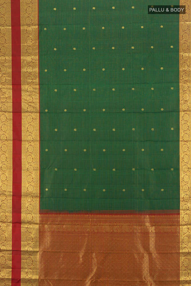 Flat view of Pure Silk Pure Zari Bottle Green Kanchipuram Saree with Zari Butta on the body and Silk Border. 