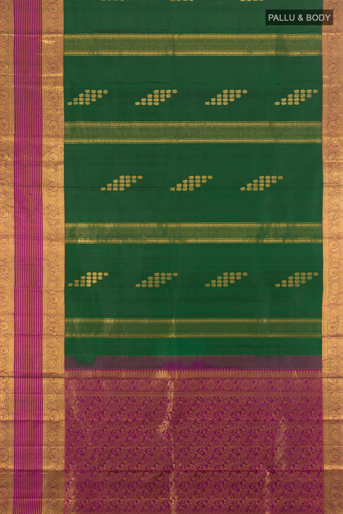 Flat view of Pure Silk Pure Zari Bottle Green Kanchipuram Saree with Zari Butta on the body and Silk Border. 