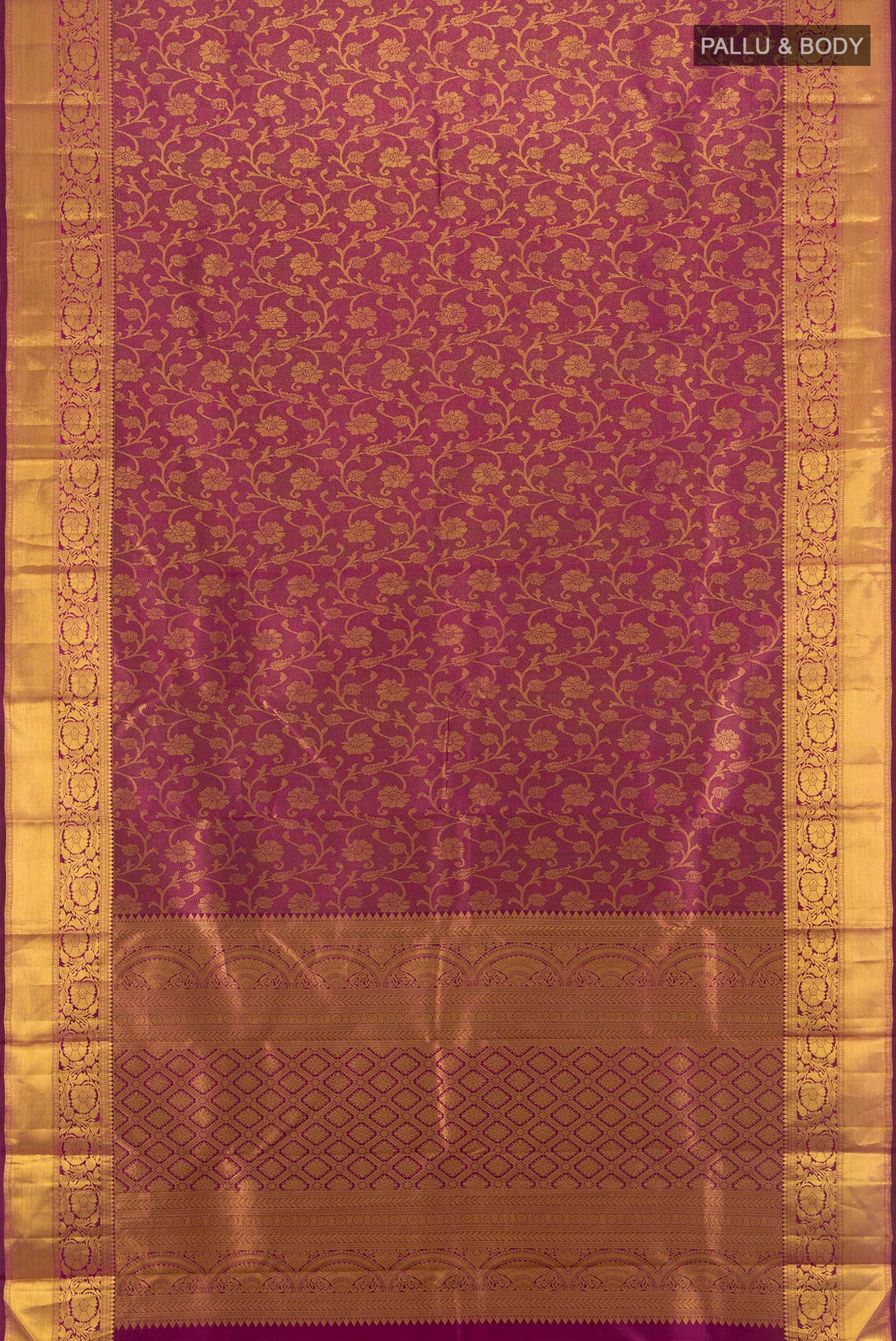 Flat view of Purple Kanjivaram Silk Saree with Zari Brocade on the body and Zari Border. 
