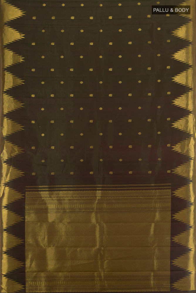 Flat view of Mehandi Green Kanchipuram Silk Saree with Zari Butta on the body and Silk Border. 