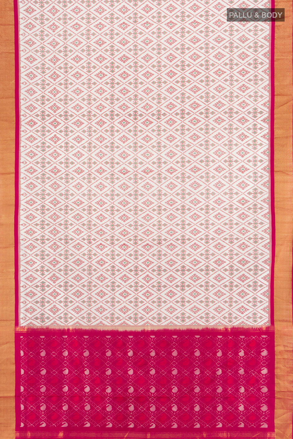 Flat view of White Pochampally Silk Saree with Pure Ikat on the body and Zari Border. 
