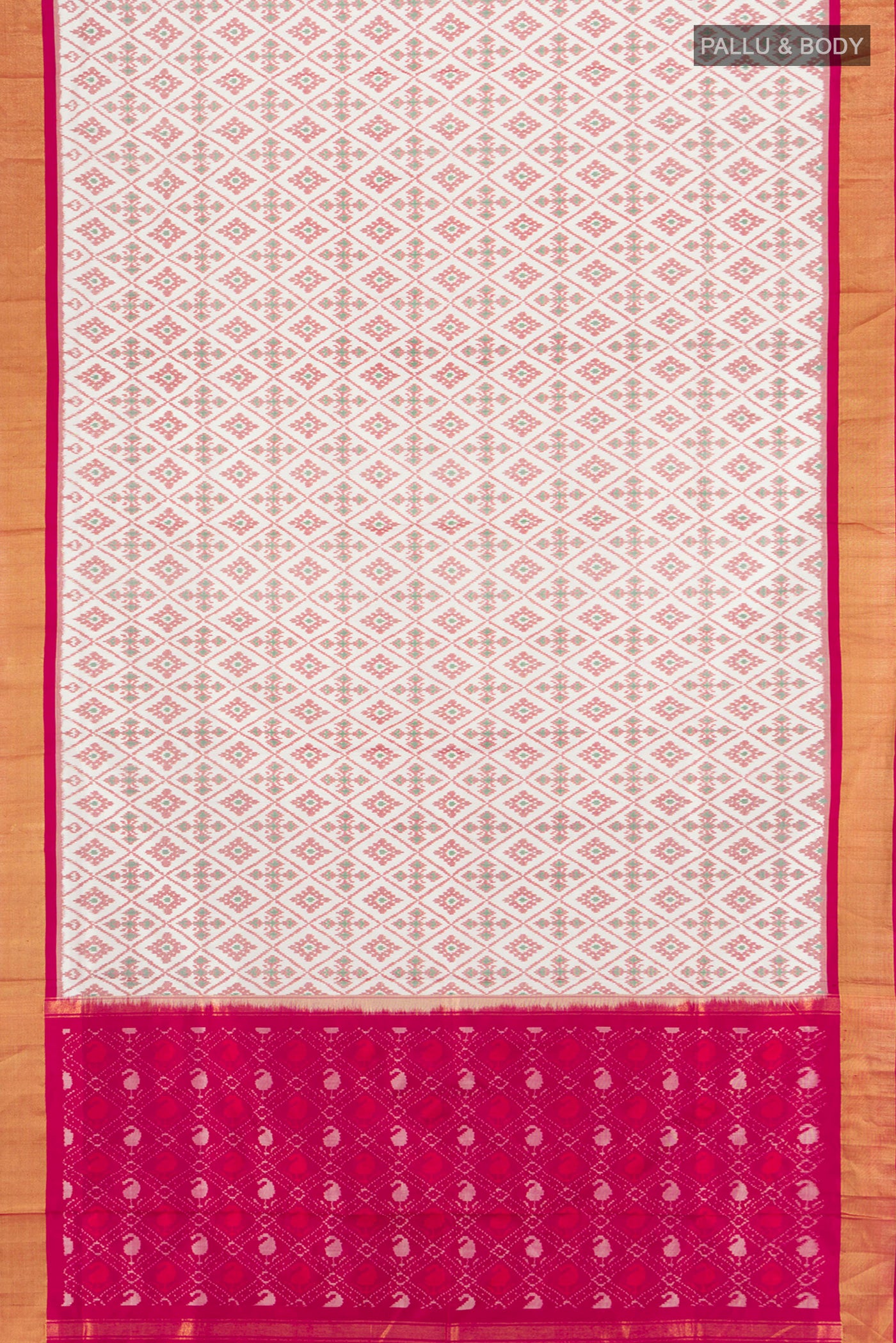 Flat view of White Pochampally Silk Saree with Pure Ikat on the body and Zari Border. 
