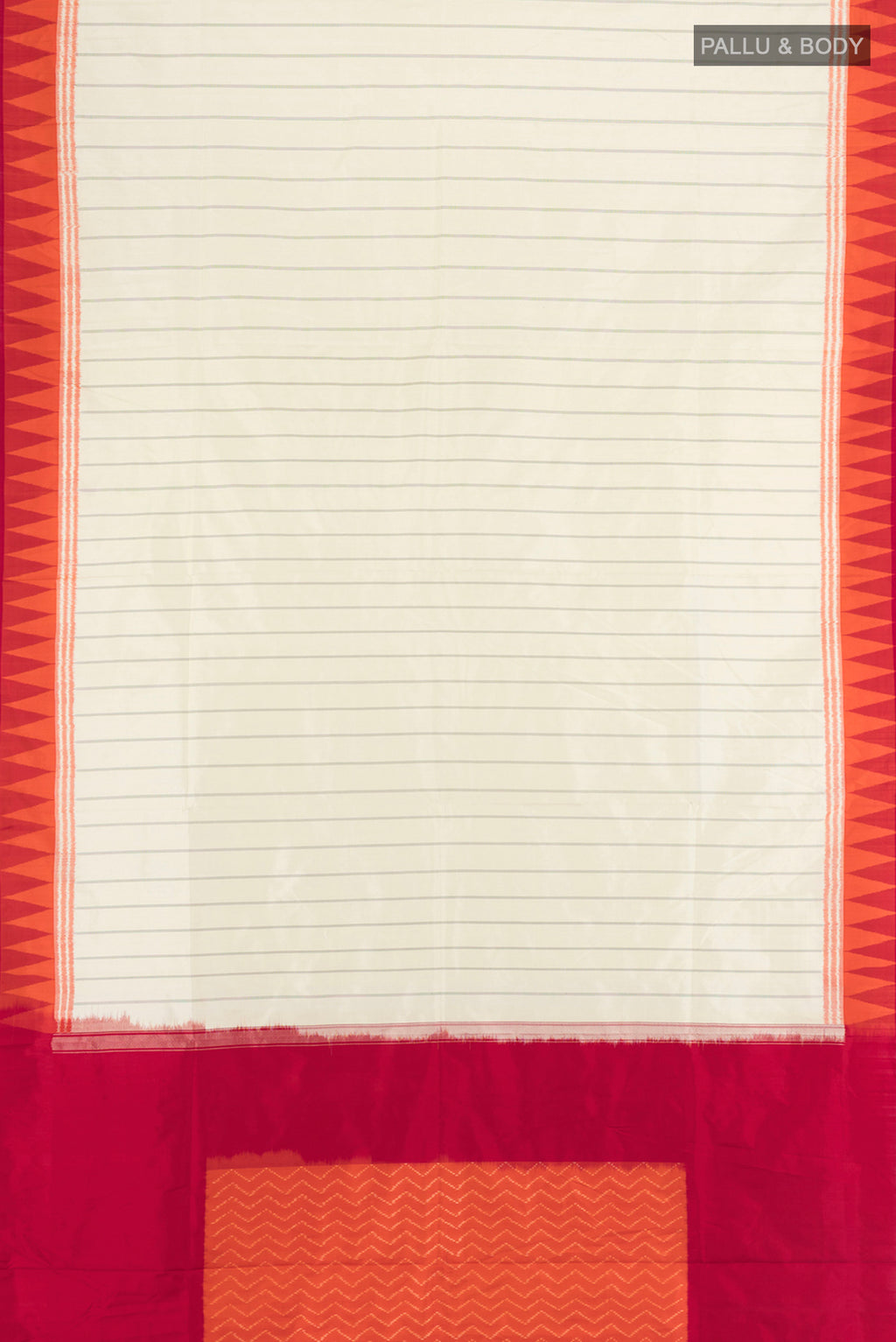 Flat view of Cream Pochampally Silk Saree with Ikat Print on the body and Silk Border. 