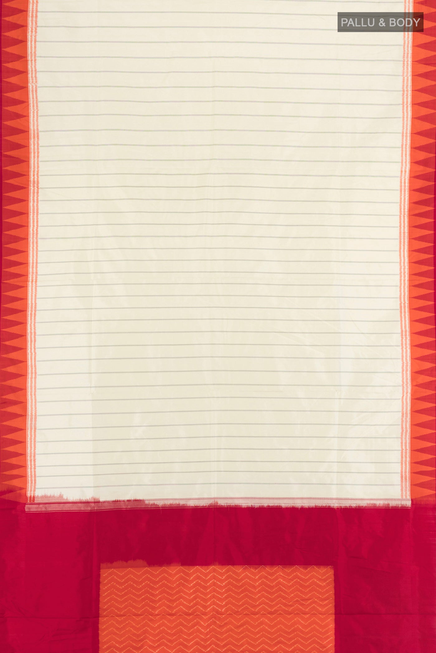 Flat view of Cream Pochampally Silk Saree with Ikat Print on the body and Silk Border. 
