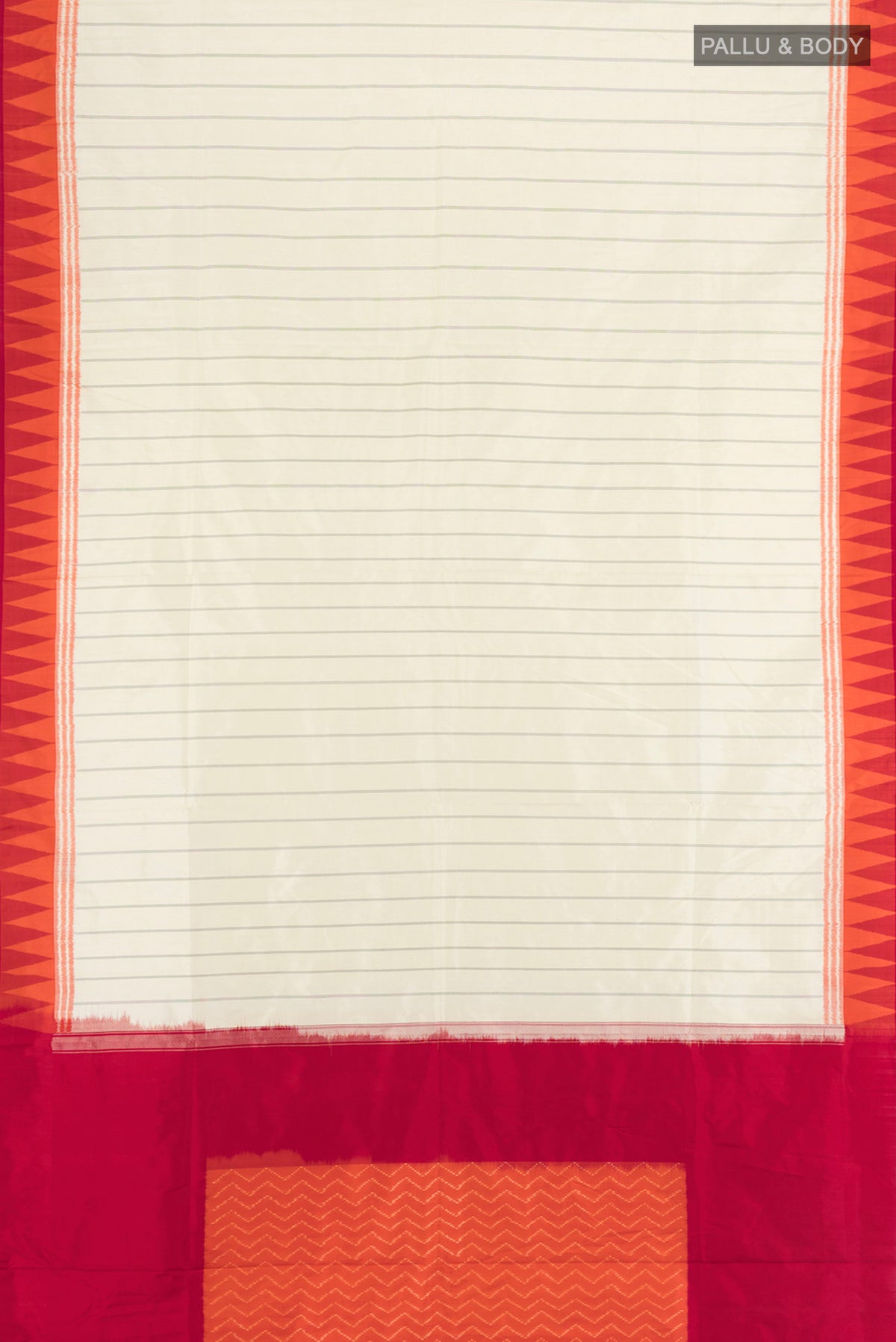 Flat view of Cream Pochampally Silk Saree with Ikat Print on the body and Silk Border. 