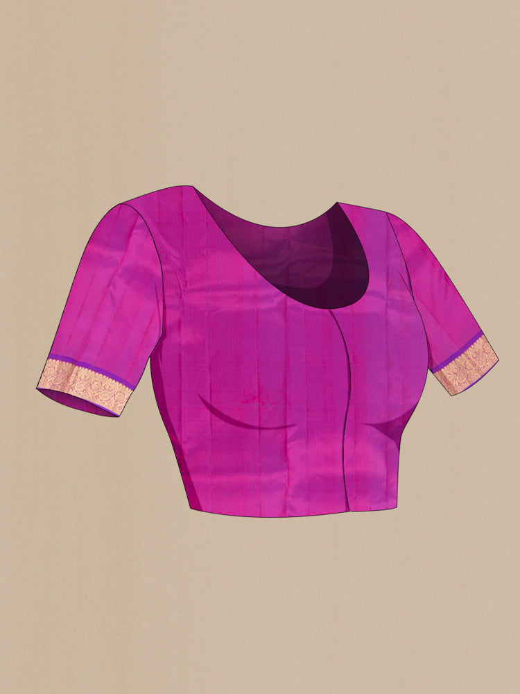 Close up image of the blouse of Pure Silk Pure Zari Maroon Kanjivaram Saree with Zari Butta on the body and Silk Border. 
