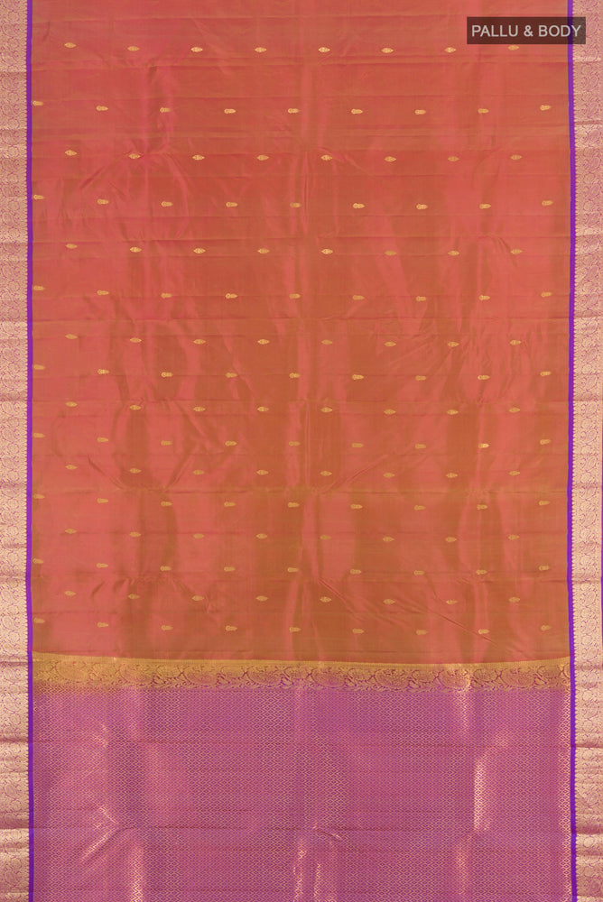 Flat view of Pure Silk Pure Zari Maroon Kanjivaram Saree with Zari Butta on the body and Silk Border. 