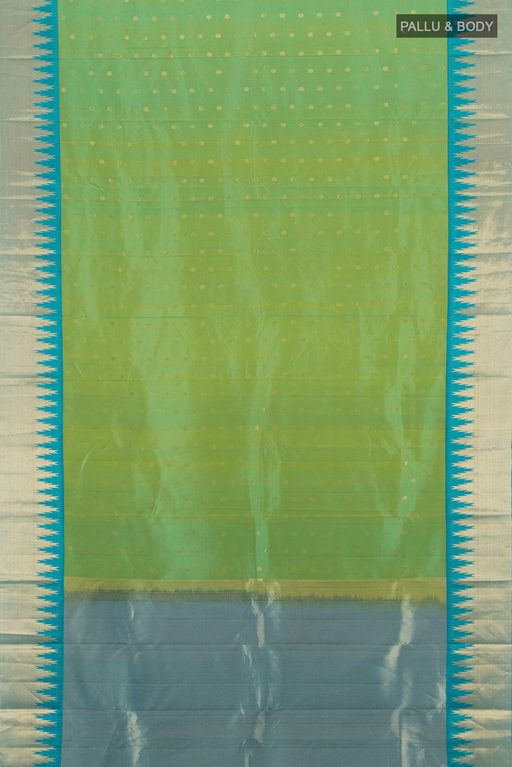 Flat view of Light Green Kanchipuram Silk Saree with Zari Butta on the body and Zari Border. 