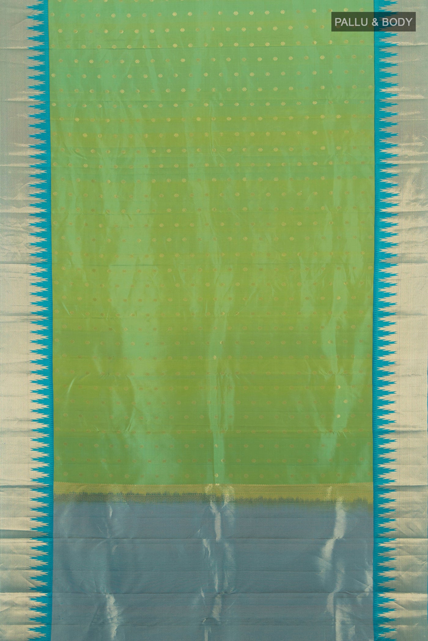 Flat view of Light Green Kanchipuram Silk Saree with Zari Butta on the body and Zari Border. 