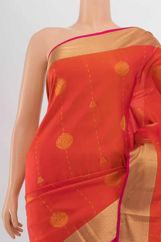Border image of Peach Kanchipuram Silk Saree with Zari Brocade on the body and Silk Border. 