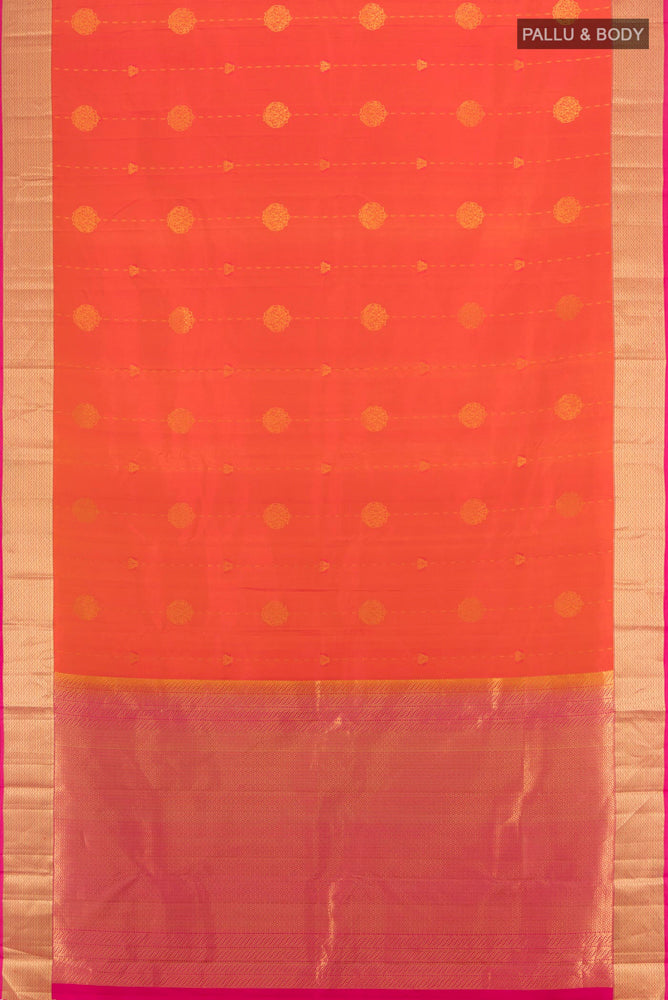 Flat view of Peach Kanchipuram Silk Saree with Zari Brocade on the body and Silk Border. 