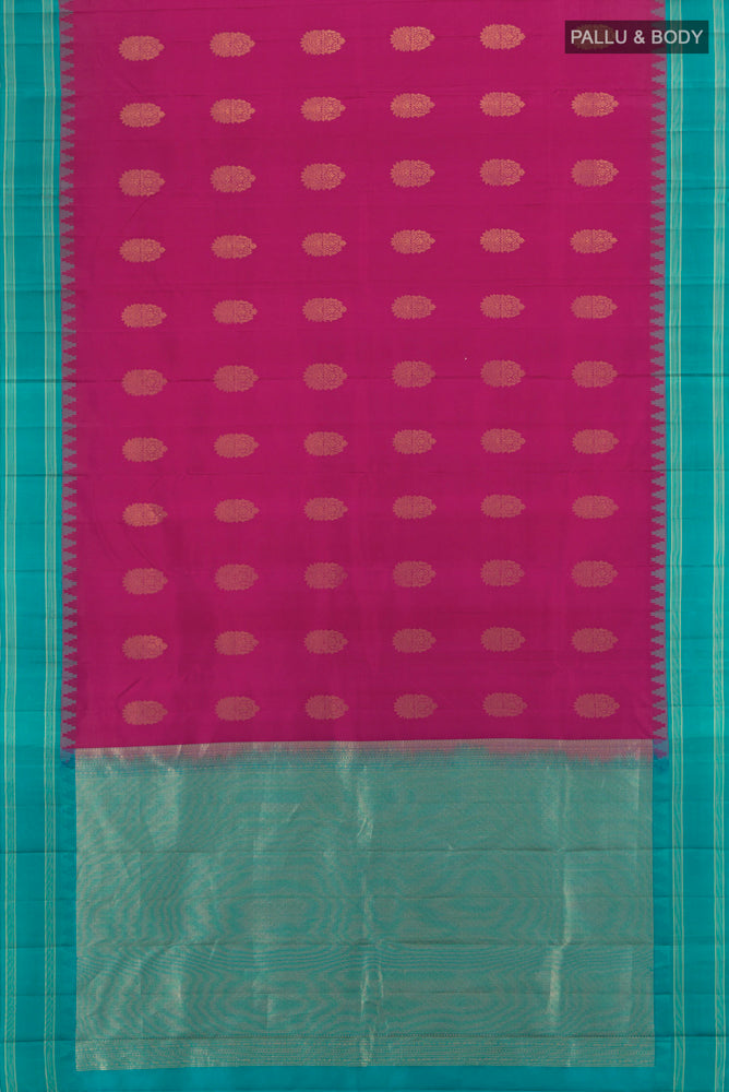 Flat view of Pure Silk Pure Zari Purple Kanchipuram Saree with Zari Butta on the body and Silk Border. 