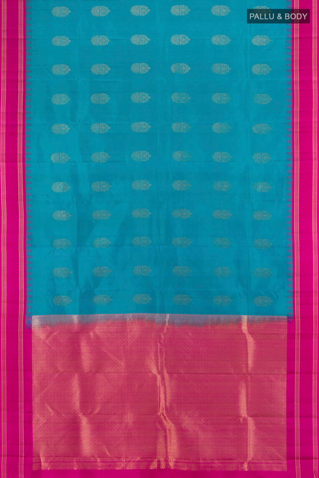 Flat view of Blue Kanchipuram Silk Saree with Zari Butta on the body and Zari Border. 