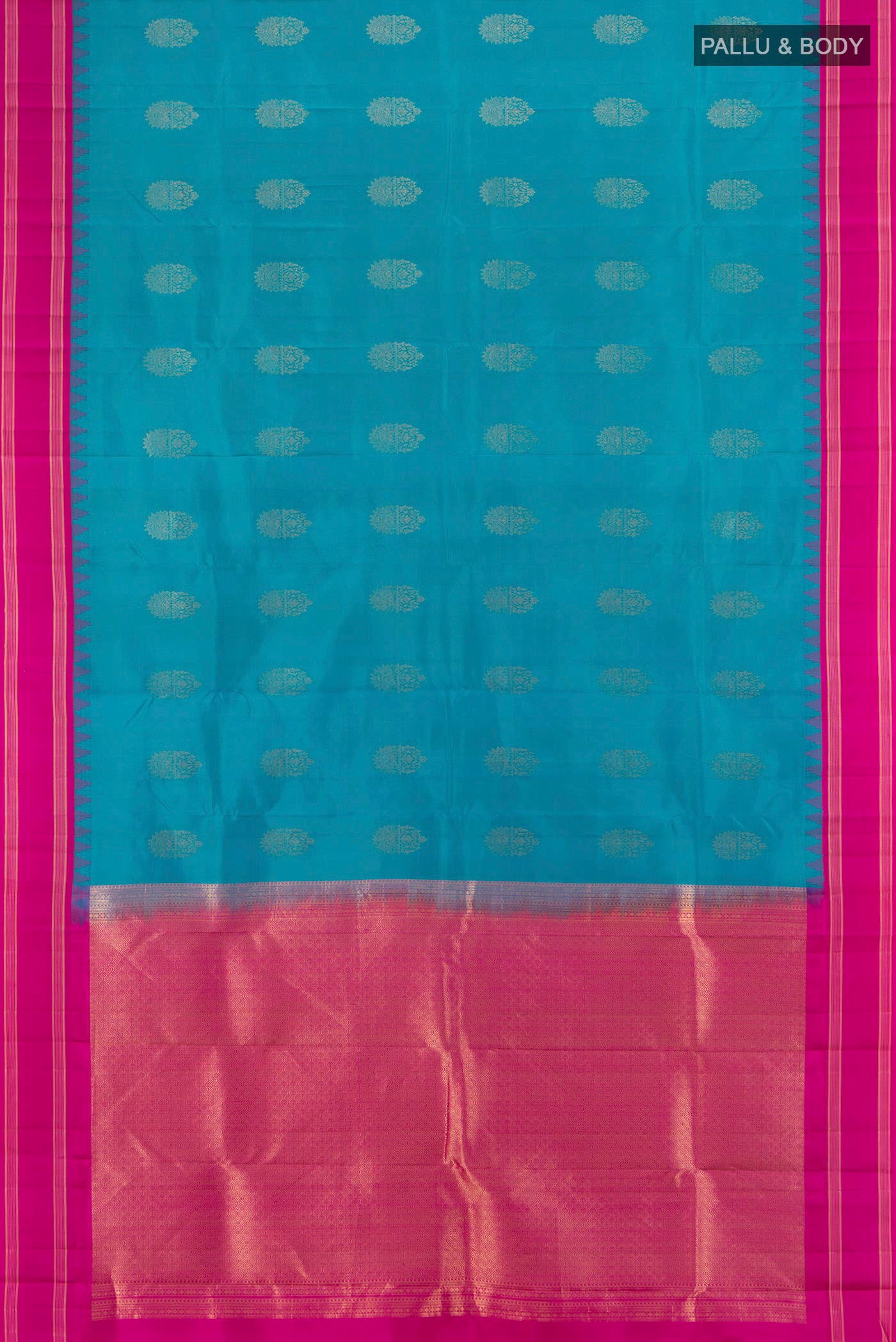 Flat view of Blue Kanchipuram Silk Saree with Zari Butta on the body and Zari Border. 
