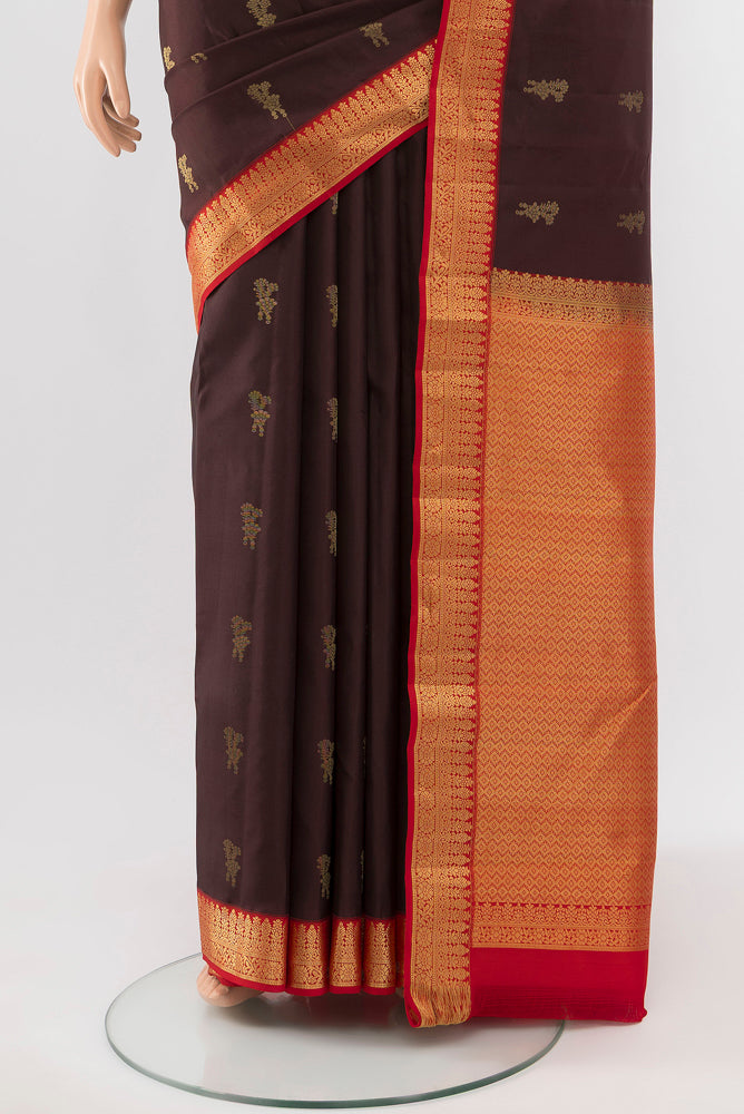 Pleats and pallu of Coffee Brown Kanchipuram Silk Saree with Zari Butta on the body and Silk Border. 