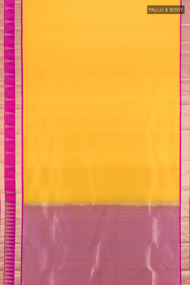 Flat view of Pure Silk Pure Zari Yellow Kanjivaram Saree with Zari Butta on the body and Silk Border. 