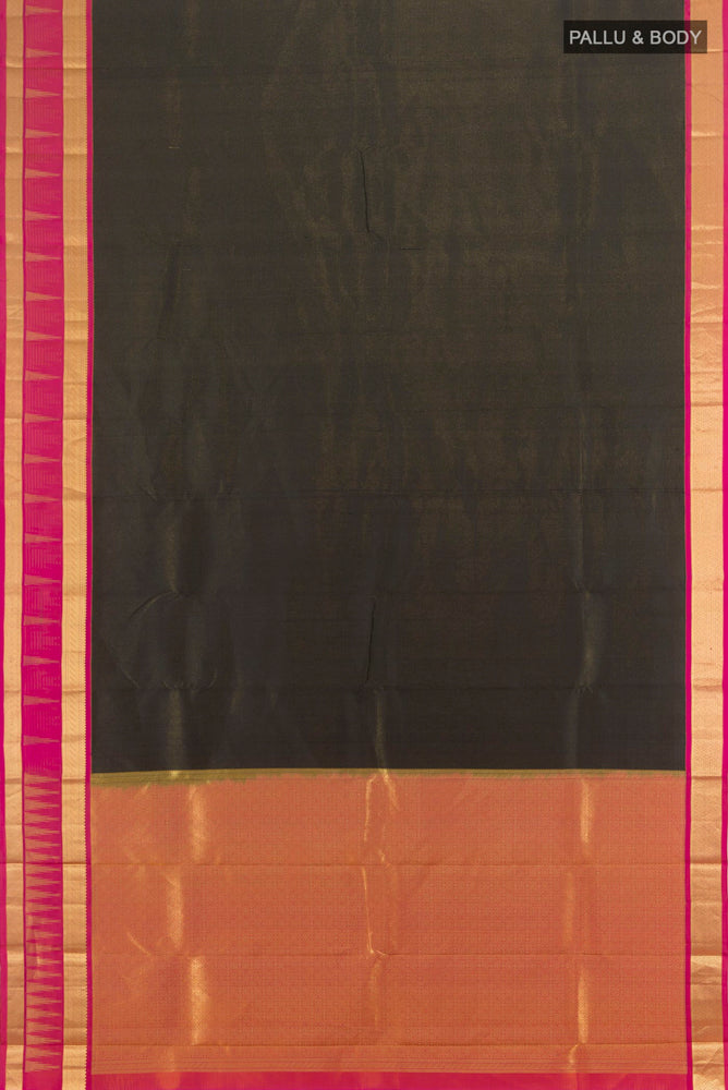 Flat view of Black Kanjivaram Silk Saree with Zari Butta on the body and Silk Border. 