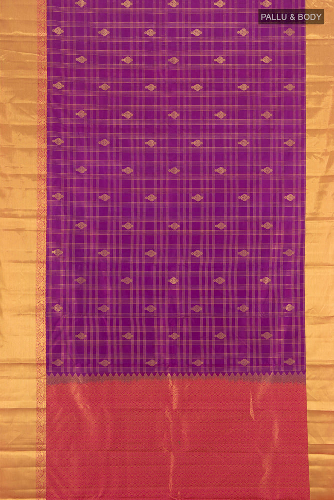 Flat view of Purple Kanjivaram Silk Saree with Zari Butta on the body and Silk Border. 