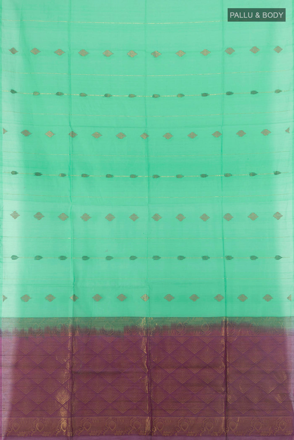 Flat view of Light Green Silk Cotton Saree with Zari And Thread Butta on the body and Without Border. 