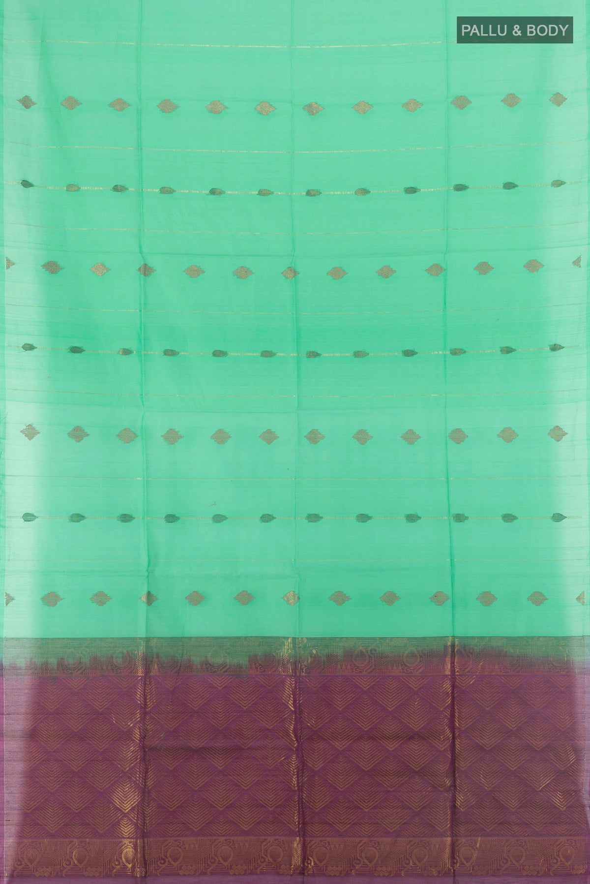 Flat view of Light Green Silk Cotton Saree with Zari And Thread Butta on the body and Without Border. 