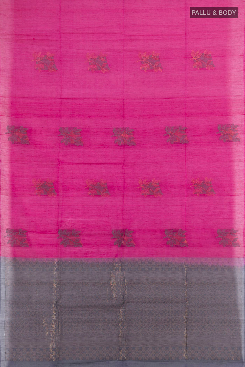Flat view of Pink Silk Cotton Saree with Thread Butta on the body and Without Border. 