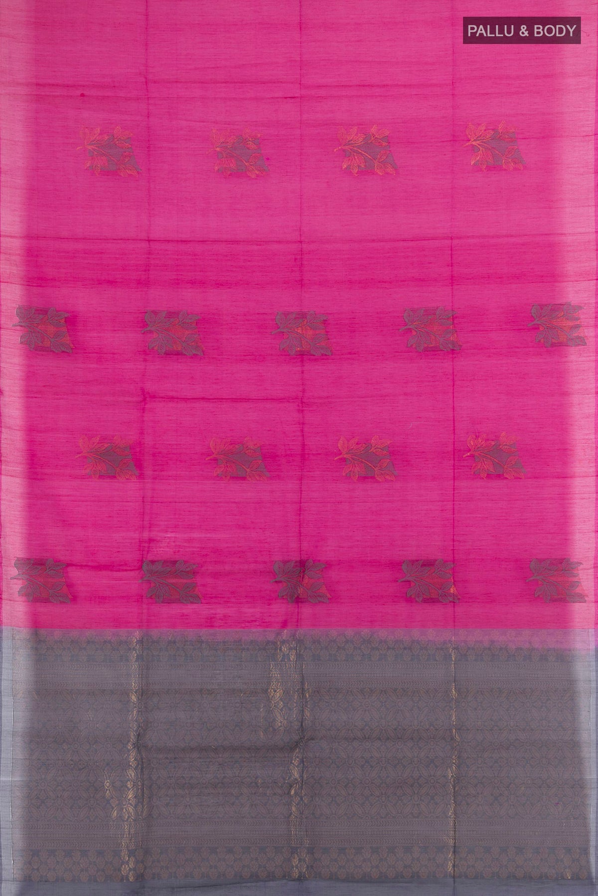 Flat view of Pink Silk Cotton Saree with Thread Butta on the body and Without Border. 