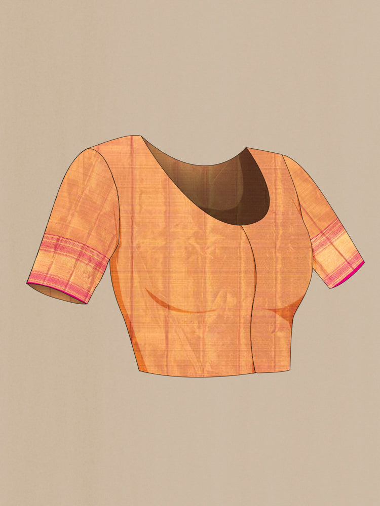 Close up image of the blouse of Golden Kanjivaram Silk Saree with Zari Butta on the body and Silk Border. 