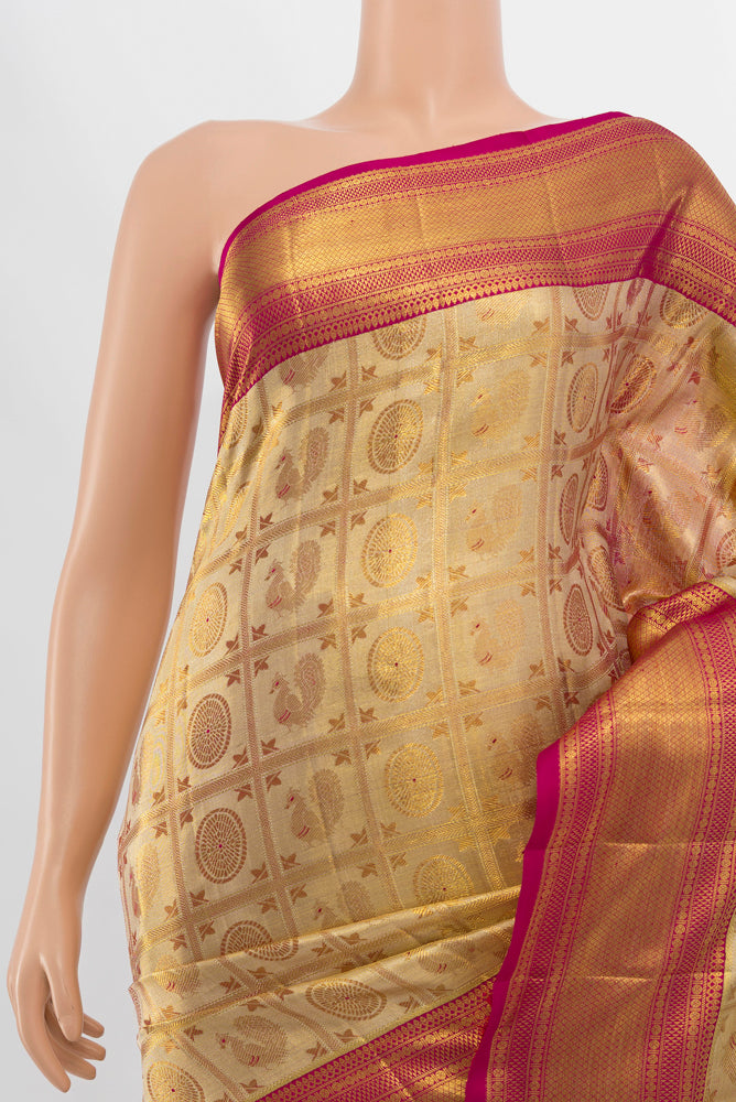 Border image of Golden Kanjivaram Silk Saree with Zari Butta on the body and Silk Border. 