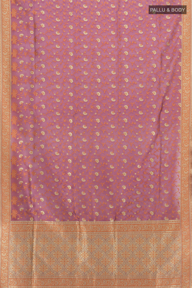 Flat view of Pure Silk Pure Zari Bronze Banarasi Georgette Saree with Zari Butta on the body and Silk Border. 