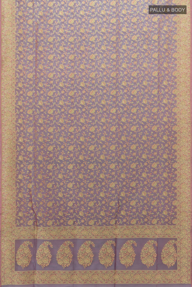 Flat view of Olive Green Banarasi Georgette Saree with Zari Butta on the body and Silk Border. 