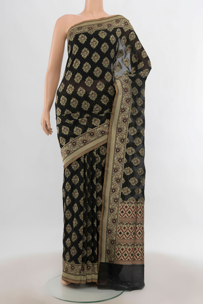 Black Banarasi Silk Saree with Zari Butta on the body and Silk Border.  displayed on a mannequin