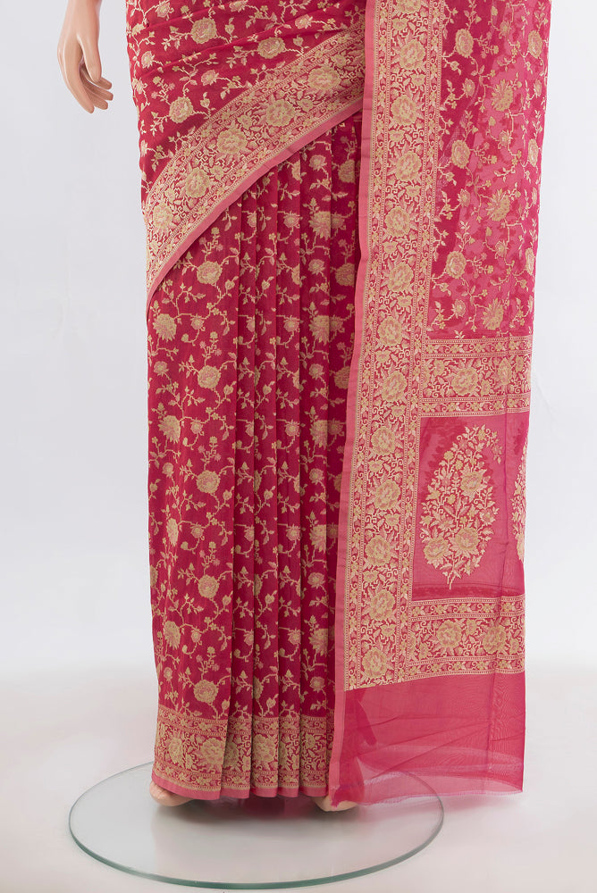 Pleats and pallu of Imperial Pink Banarasi Silk Saree with Zari Butta on the body and Silk Border. 