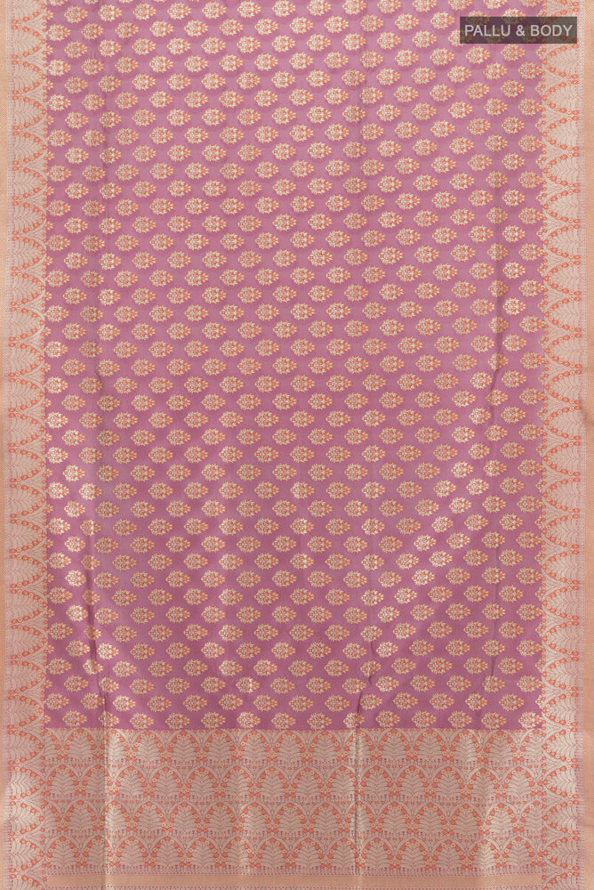 Flat view of Bronze Banarasi Silk Saree with Zari Butta on the body and Silk Border. 
