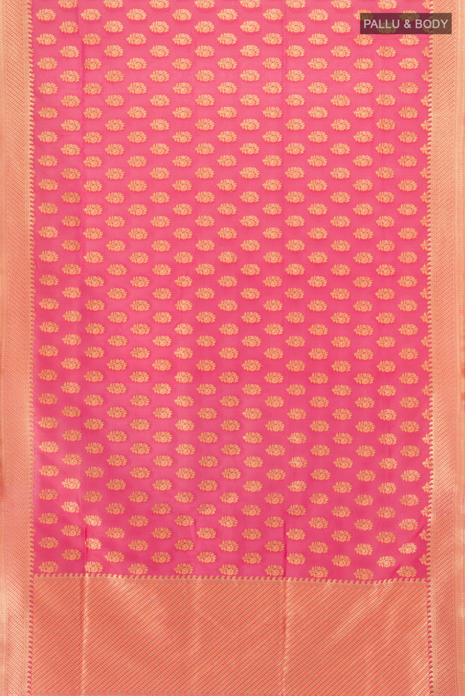 Flat view of Peach Banarasi Georgette Saree with Zari Brocade on the body and Silk Border. 