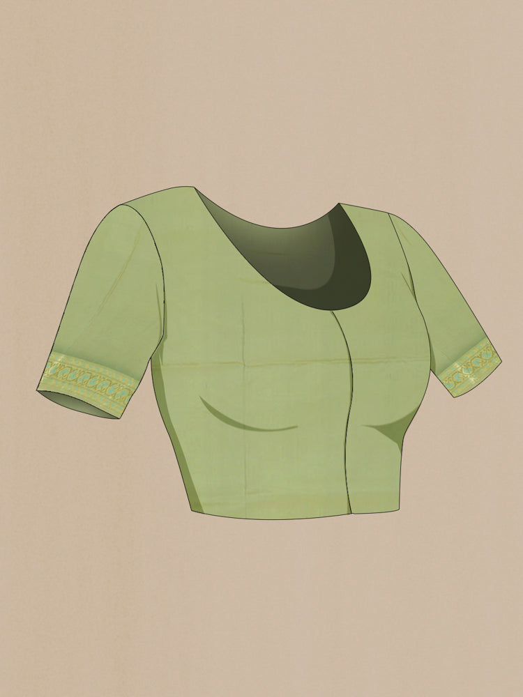 Close up image of the blouse of Light Green Banarasi Silk Saree with Zari Butta on the body and Silk Border. 