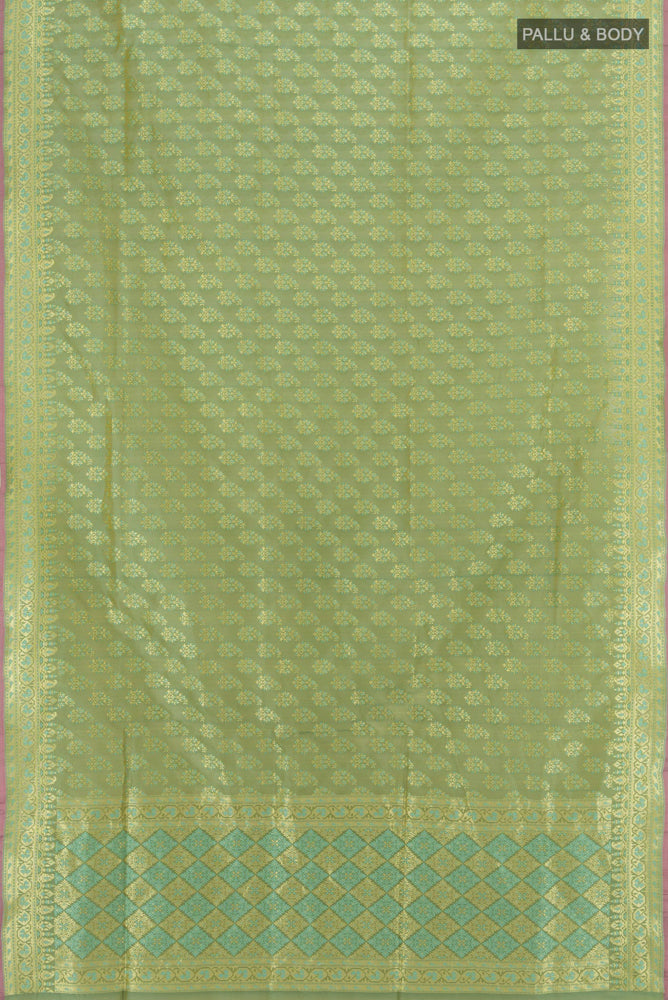 Flat view of Light Green Banarasi Silk Saree with Zari Butta on the body and Silk Border. 