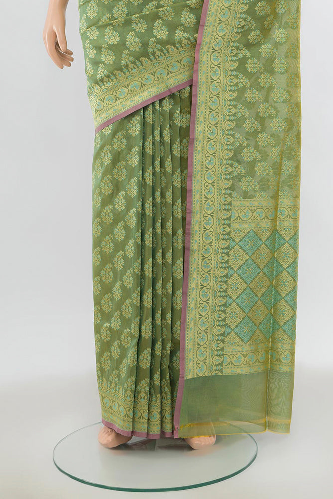 Pleats and pallu of Light Green Banarasi Silk Saree with Zari Butta on the body and Silk Border. 