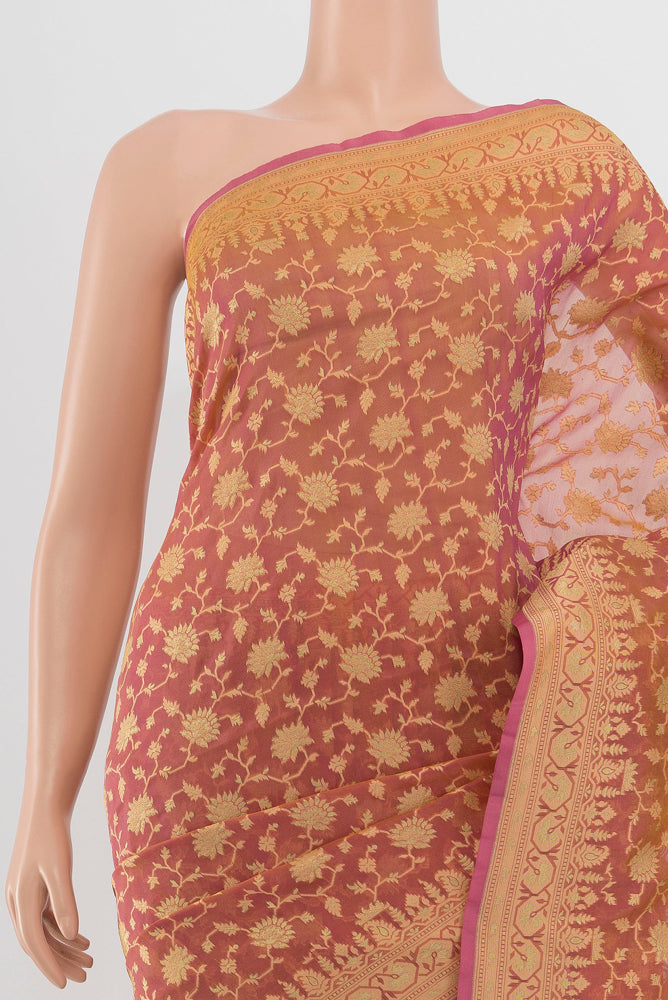 Border image of Peach Banarasi Georgette Saree with Zari Brocade on the body and Silk Border. 