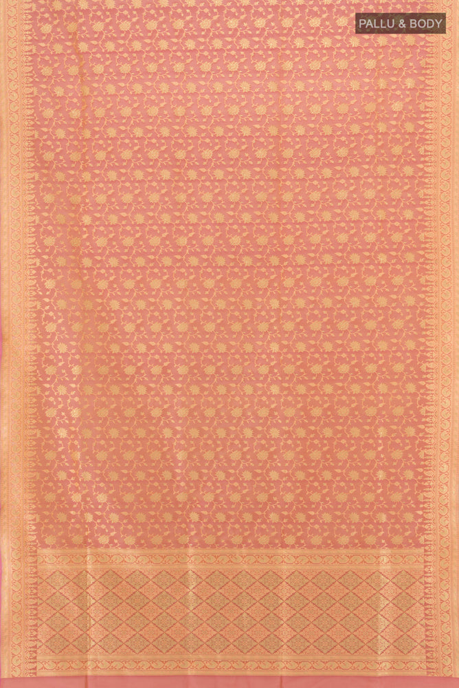 Flat view of Peach Banarasi Georgette Saree with Zari Brocade on the body and Silk Border. 