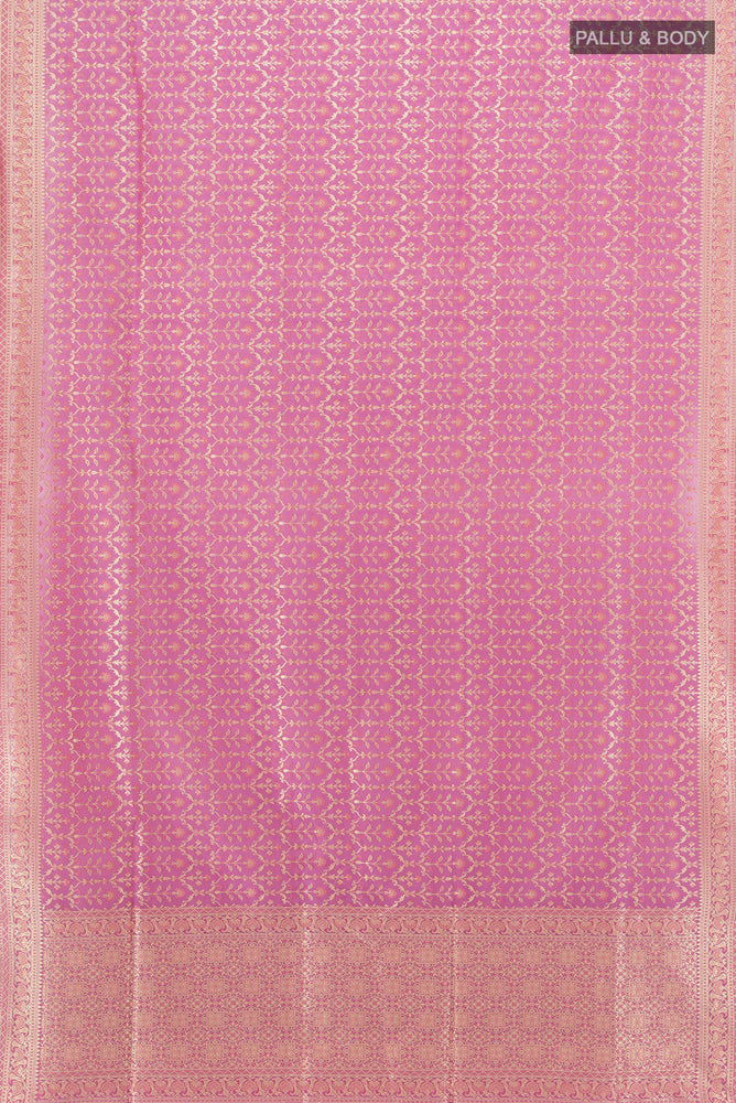 Flat view of Golden Peach Banarasi Silk Saree with Zari Butta on the body and Silk Border. 