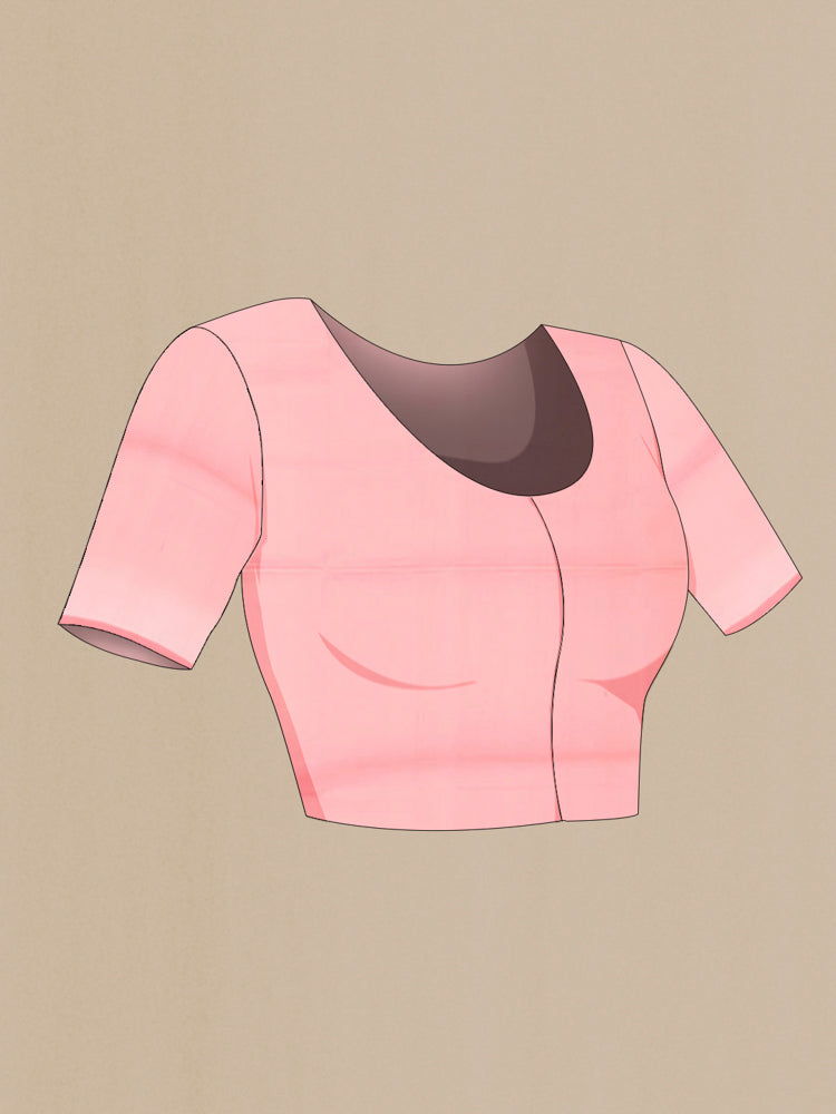 Close up image of the blouse of Peach Banarasi Silk Saree with Zari Butta on the body and Silk Border. 