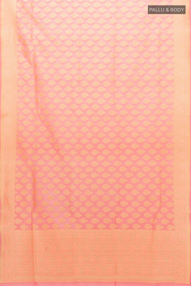 Flat view of Peach Banarasi Silk Saree with Zari Butta on the body and Silk Border. 