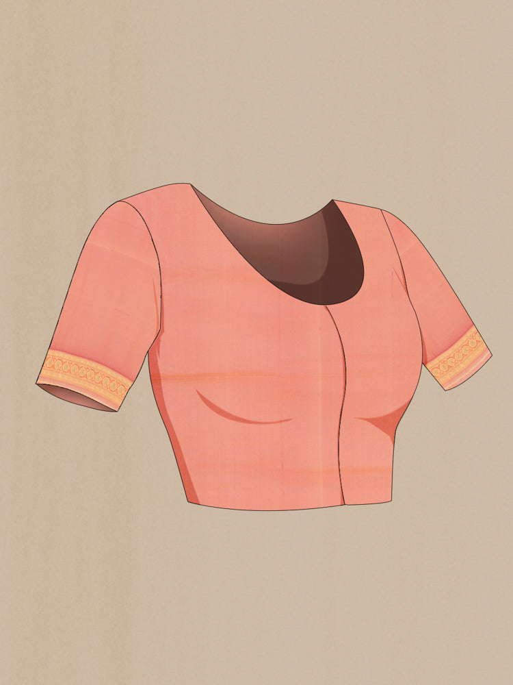 Close up image of the blouse of Pure Silk Pure Zari Peach Banarasi Georgette Saree with Zari Butta on the body and Silk Border. 