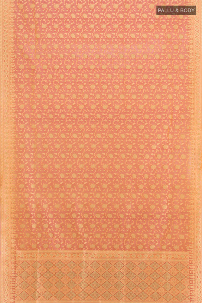Flat view of Pure Silk Pure Zari Peach Banarasi Georgette Saree with Zari Butta on the body and Silk Border. 