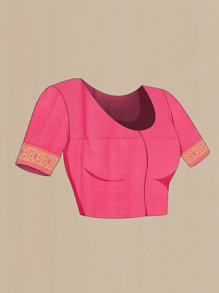 Close up image of the blouse of Peach Banarasi Georgette Saree with Zari Brocade on the body and Silk Border. 