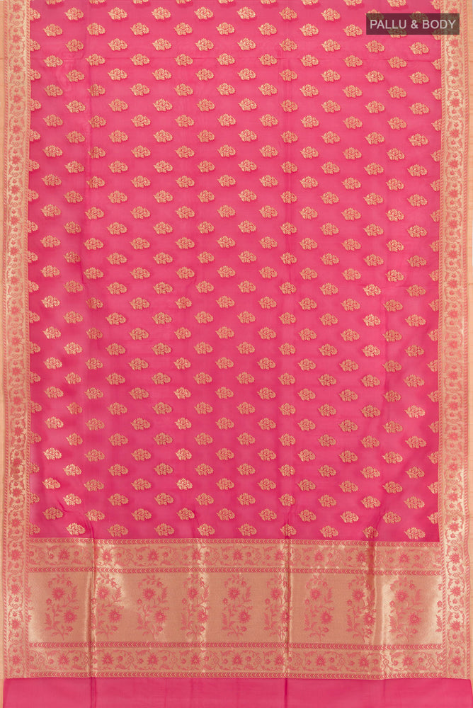 Flat view of Peach Banarasi Georgette Saree with Zari Brocade on the body and Silk Border. 