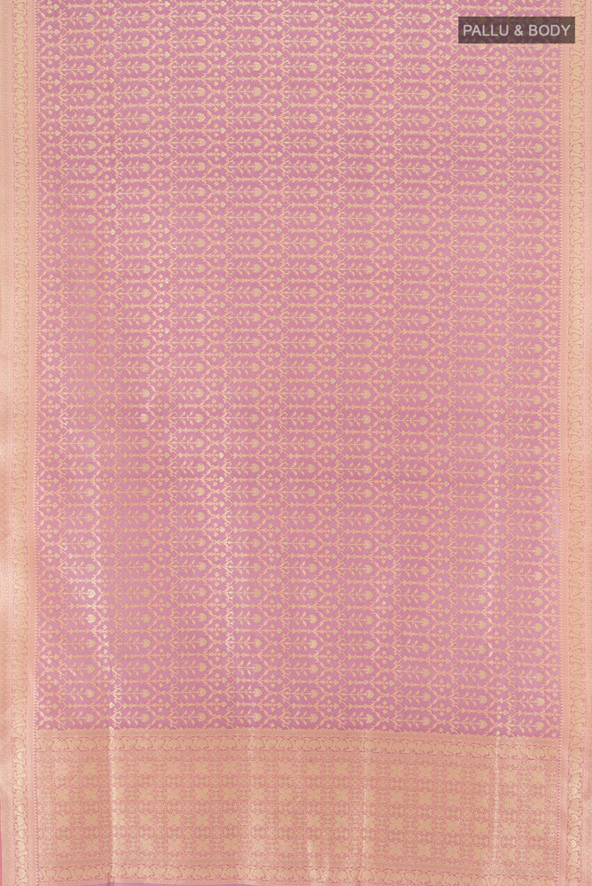 Flat view of Peach Banarasi Silk Saree with Zari Butta on the body and Silk Border. 